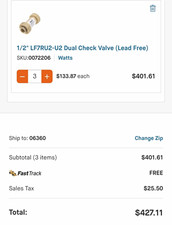 Watts Lead Free Dual Check Valve 1/2 in Brass 175 PSI for Water LF7RU2-2 picture