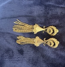 Vintage Monet Gold Tone Tassel Clip On Earrings Victorian Revival Scroll Dangle picture