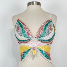 Y2K Festival Rave Butterfly Crop Top Size Medium Sequin Halter Backless Clubbing picture