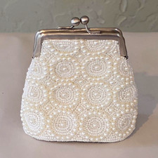 Vintage David Jeffrey White Bead, Pearl, & Crystal Coin Purse picture