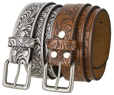  Antique Buckle Western Embossed Tooled Genuine Leather Belt 1-1/2