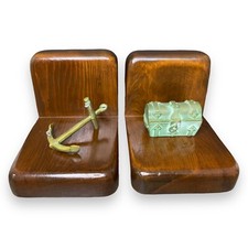 Vintage Cornwall Wood Products Bookends Brass Anchor Treasure Chest Nautical Sea picture