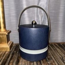 Vintage Mid Century Modern Navy Blue Ice Bucket Vinyl Faux Leather Retro Bar MCM picture