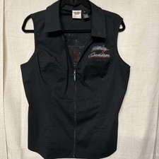 Harley Davidson Bling Womens Black Collared Sleeveless Full-Zip Vest Size XL picture