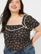 torrid Black Floral Puff-Sleeve Blouse with White Trim sheer size 00 picture