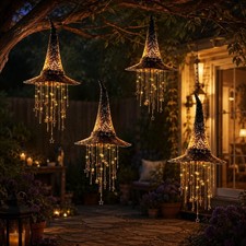 Lighted Witch Hat Hanging Chime Halloween Witch Hat Lamp Stars picture
