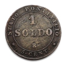 ITALIAN STATES PAPAL STATES 1 SOLDO (5 Centesimi) 1867 R KM#1372.2 Pius IX. K2.5 picture