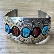 VTG Navajo Pauline Benally Size 6.25 Bracelet Turquoise Coral Sterling 52.2g picture