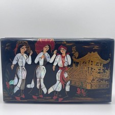 Vintage Asian Black Lacquer Jewelry Box, Inlaid Mother of Pearl Geisha Girls Box picture