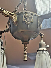 Vintage Brass 4-Arm Pan Chandelier Light Fixture Early 1900s Aged Bronze Antique picture