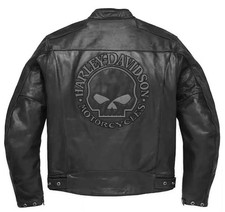 Men's Harley Davidson Reflective Skull Motorcycle Genuine Cowhide Leather Jacket picture