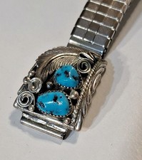 VINTAGE Navajo Sterling Silver Kingman Turquoise Watch Tip Band Signed RB Begay  picture