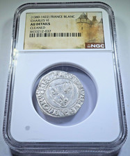 NGC AU 1300's-1400's France Silver 1 Blanc Genuine Cross Antique Hammered Coin picture