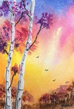 ACEO Watercolor   landscape lake sunset Painting  Bohoandbloosoms Original  picture