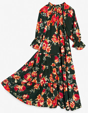 Easel Green Floral Maxi Dress S Woven Ruffle 3/4 Sleeve Pullover ED25335A picture