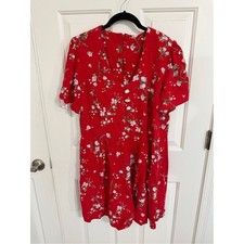 Handmade Red Floral V-Neck Dress Short Sleeve Vintage Style Women's M/L picture