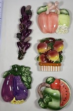 Vintage Ceramic 3D Watermelon, Eggplant, Apple, Peaches Wall Decor Set Of 5 picture