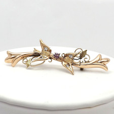 Victorian Solid 10K  Rose Gold Love Birds Paste Stones Brooch Pin Bar Setting picture