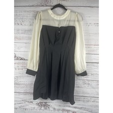 Dazy Dress Women's Large Black White Long Sleeve Sheer Contrast Mini Pleated New picture