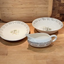 Vtg Royal Monarch 3-Piece Serving Set - 24K Gold Trim Gravy Boat Platter Bowl picture