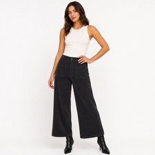 Self Contrast Women Gray Corduroy Wide Leg Patch Pocket Cropped Pants picture