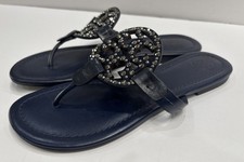 Tory Burch Miller Royal Navy Blue Leather Embellished Logo Sandals 6 1/2 6.5 M picture