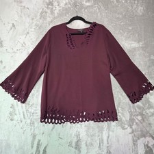 Alfani Women XL Burgundy V-Neck Laser Cut Eyelet Bell Sleeve Blouse Top picture