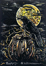 ACEO Original Halloween Raven Warty Pumpkin Moon Autumn Scratchboard E SOLLE picture
