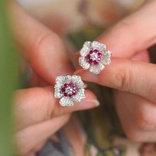 2 CT Round Simulated Ruby & Diamond Flower Stud Earrings 14K White Gold Over picture