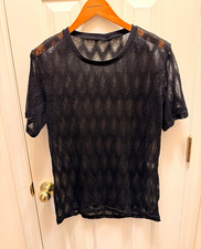 Zara Black Sheer Mesh Top M Crew Neck Short Sleeve Pullover Solid picture