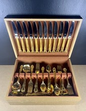 104 Pc NASCO Japan Elizabethan II Gold Stainless Flatware Set w/ Chest Vintage picture