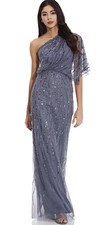 Adrianna Papell Long One Shoulder Sequin Gown Size 14 Dusty Blue NWT $229 picture