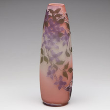 Monumental Early Émile Gallé Cameo Glass Vase w/ Purple Clematis Blossoms 14.5