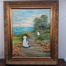 Vintage 1998 Impressionist Oil Painting Coastal Promenade Gilt Frame P Bongiorni picture