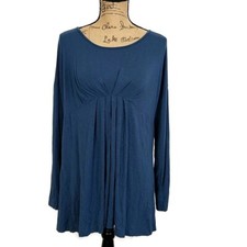 Suzanne Betro Blue Empire Waist Tunic Top Flowy Drapey Boho Long Sleeve sz L picture