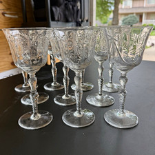 Set of 10 Vintage Cut Crystal Wine Goblets, Ribbon Bow Etched Pattern picture