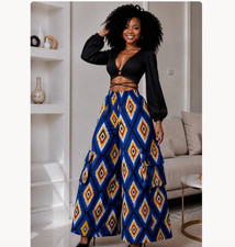 African Blue & Yellow Wide‑Leg Pants – Handmade Ankara Palazzo Trousers  picture