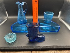 Vintage Blue Art Glass Lot 7pc Fenton Daisy Button Boot Crackle Pitcher Trays picture