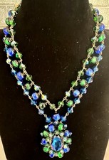 GORGEOUS VTG STATEMENT DESIGNER NECKLACE VENETIAN FOILED BLUE/GREEN GLASS BEADS picture