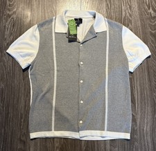 Ben Sherman Men's Button Up Knit Short Sleeve Gray White Stripe Large picture