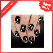 Halloween Press On Nails Short Square Black White Skull Fake Nails Glossy picture
