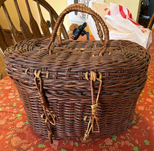 Antique Brown Wicker Sewing Basket w/ Lid & Handles, Solid, 12 x 9 x 10 in picture