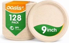 128Pcs 9Inch Sugarcane Bagasse Plates Heavy Duty Disposable Dinnerware picture