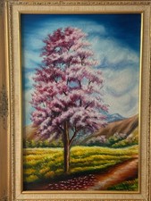 Vintage 1985 Signed Original Oil on Canvas – Pink Flowering Tree Landscape – 29