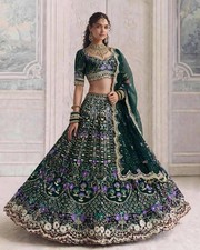 Green Lehenga Choli Dupatta Sequins Cut Work 4 Meter Flared Indian Wedding picture