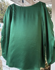 Talbots 100% Silk Forest Green Spilt Sleeve Blouse Pullover Size 10 NWT picture