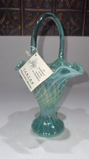 Vintage Fenton Teal/Aqua Green Opalescent Swirl Spiral Optic Ruffle Basket 11” picture