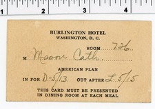 Vintage 1920's Waiter's CARD / Washington DC BURLINGTON HOTEL Dining Room MASON picture