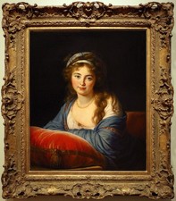Hand Painted Oil Painting Vintage Lady Portrait White Headband Blue Robe Art picture