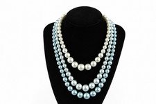 Vintage Japan Glass Beaded Necklace Triple Strand Blue Ivory Graduated Beads picture